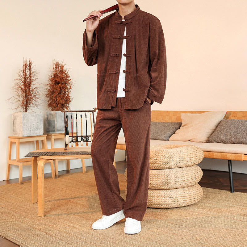 Buddha Stones 2pcs Plain Men's Frog-button Long Sleeve Shirt Pants Cotton Corduroy Set With Pockets - image 5