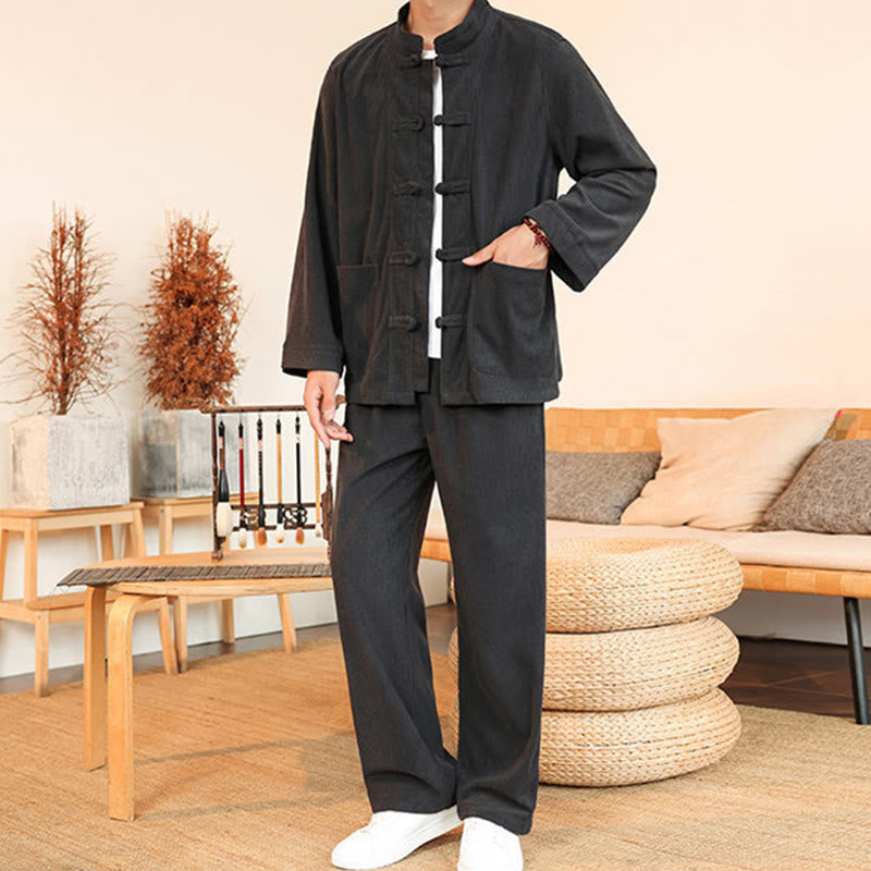 Buddha Stones 2pcs Plain Men's Frog-button Long Sleeve Shirt Pants Cotton Corduroy Set With Pockets - image 12