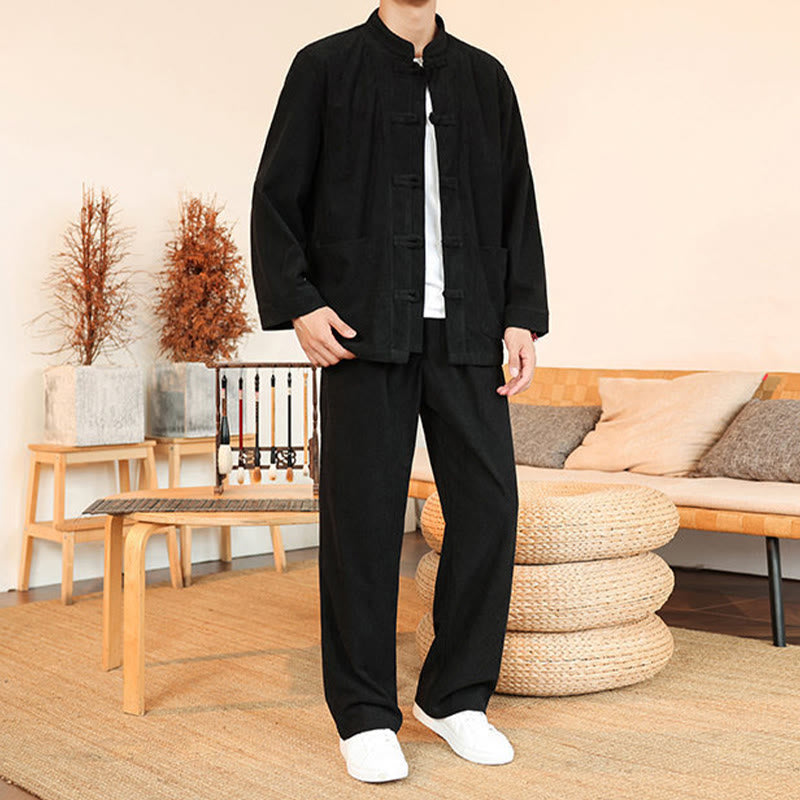 Buddha Stones 2pcs Plain Men's Frog-button Long Sleeve Shirt Pants Cotton Corduroy Set With Pockets - image 23