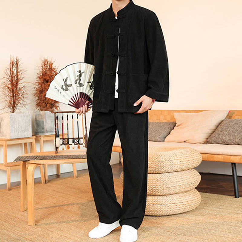 Buddha Stones 2pcs Plain Men's Frog-button Long Sleeve Shirt Pants Cotton Corduroy Set With Pockets - image 26