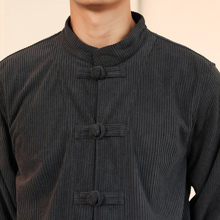 Buddha Stones 2pcs Plain Men's Frog-button Long Sleeve Shirt Pants Cotton Corduroy Set With Pockets - image 17