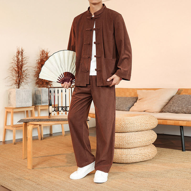 Buddha Stones 2pcs Plain Men's Frog-button Long Sleeve Shirt Pants Cotton Corduroy Set With Pockets - image 6