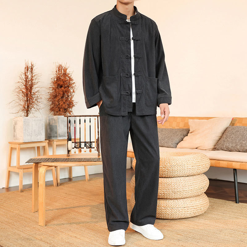 Buddha Stones 2pcs Plain Men's Frog-button Long Sleeve Shirt Pants Cotton Corduroy Set With Pockets - SlateGray - US/UK/AU46，EU56 (5XL) - image 9