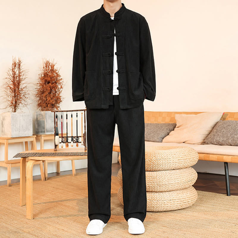 Buddha Stones 2pcs Plain Men's Frog-button Long Sleeve Shirt Pants Cotton Corduroy Set With Pockets - image 22