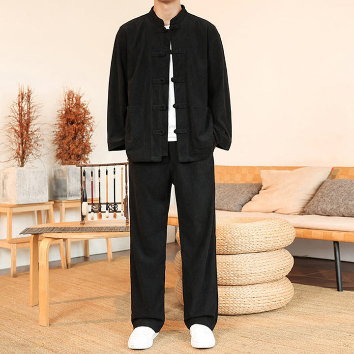 Buddha Stones 2pcs Plain Men's Frog-button Long Sleeve Shirt Pants Cotton Corduroy Set With Pockets - image 22