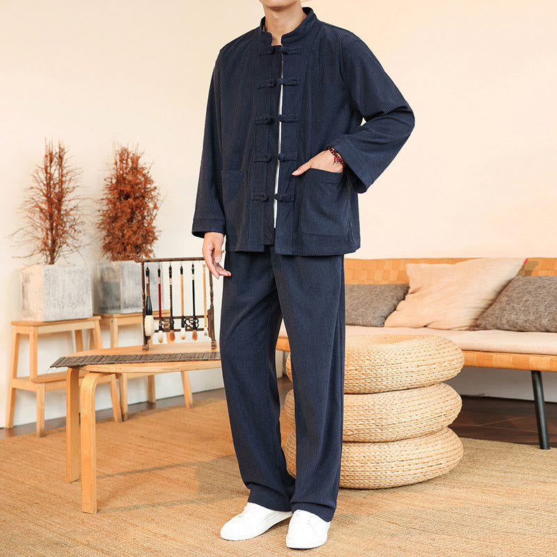 Buddha Stones 2pcs Plain Men's Frog-button Long Sleeve Shirt Pants Cotton Corduroy Set With Pockets - image 31