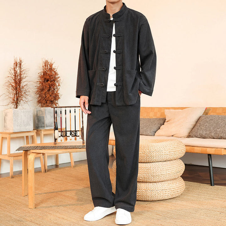 Buddha Stones 2pcs Plain Men's Frog-button Long Sleeve Shirt Pants Cotton Corduroy Set With Pockets - image 11