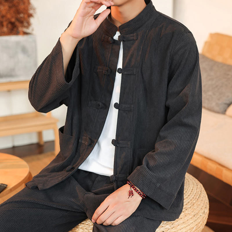 Buddha Stones 2pcs Plain Men's Frog-button Long Sleeve Shirt Pants Cotton Corduroy Set With Pockets - image 16