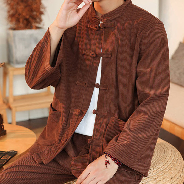 Buddha Stones 2pcs Plain Men's Frog-button Long Sleeve Shirt Pants Cotton Corduroy Set With Pockets - image 8