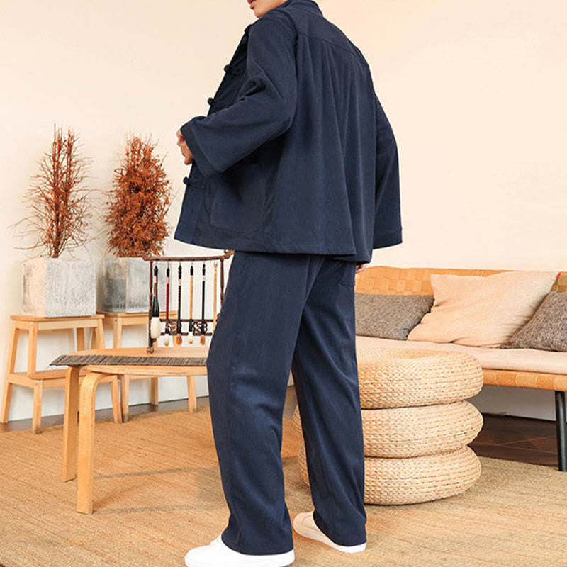 Buddha Stones 2pcs Plain Men's Frog-button Long Sleeve Shirt Pants Cotton Corduroy Set With Pockets - image 32