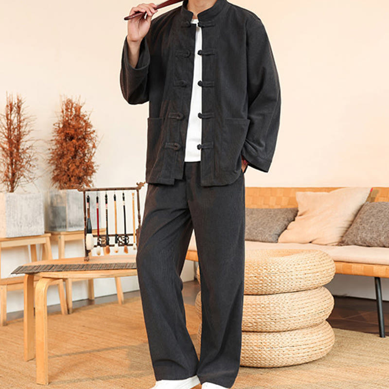 Buddha Stones 2pcs Plain Men's Frog-button Long Sleeve Shirt Pants Cotton Corduroy Set With Pockets - image 14