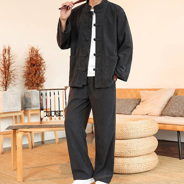 Buddha Stones 2pcs Plain Men's Frog-button Long Sleeve Shirt Pants Cotton Corduroy Set With Pockets - image 14