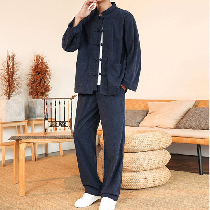 Buddha Stones 2pcs Plain Men's Frog-button Long Sleeve Shirt Pants Cotton Corduroy Set With Pockets - image 33