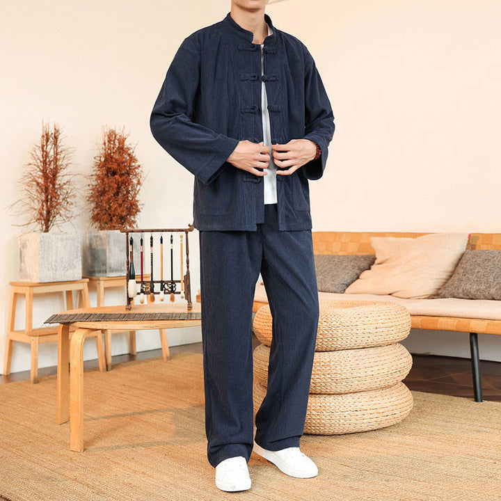 Buddha Stones 2pcs Plain Men's Frog-button Long Sleeve Shirt Pants Cotton Corduroy Set With Pockets - MidnightBlue - US/UK/AU46，EU56 (5XL) - image 29