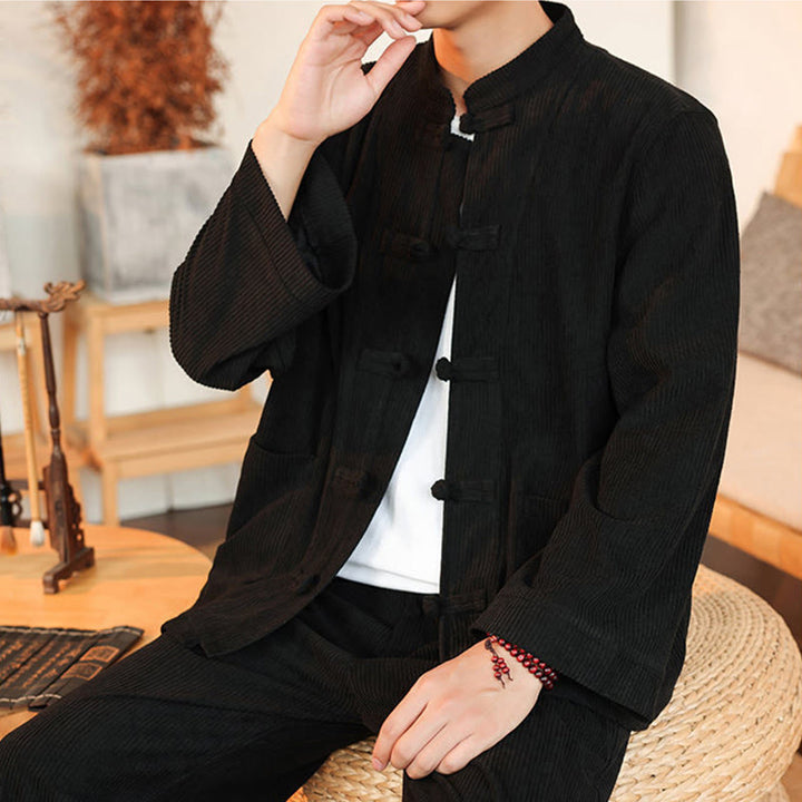 Buddha Stones 2pcs Plain Men's Frog-button Long Sleeve Shirt Pants Cotton Corduroy Set With Pockets - image 28