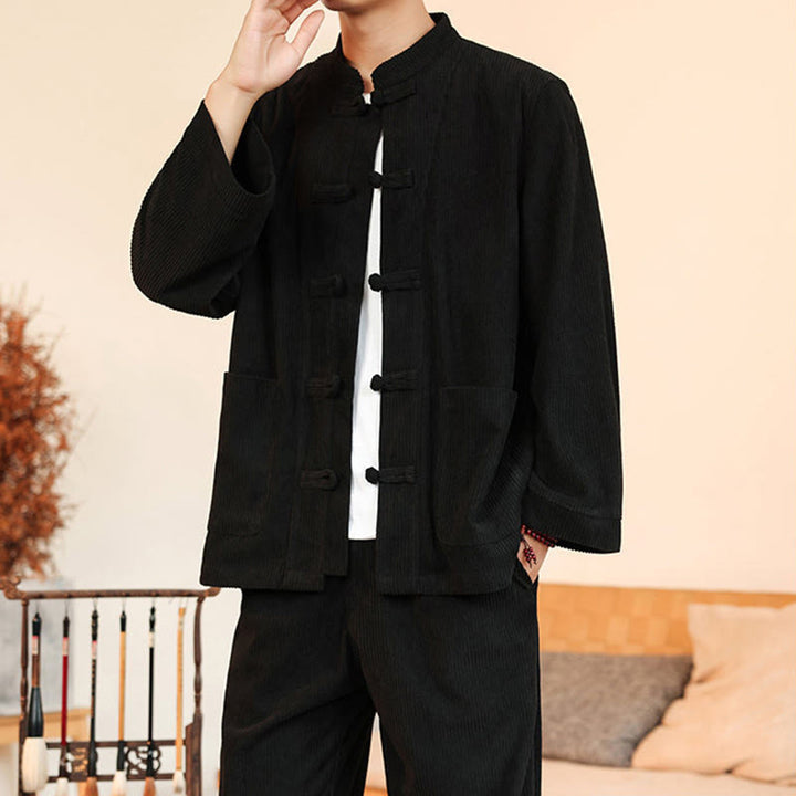 Buddha Stones 2pcs Plain Men's Frog-button Long Sleeve Shirt Pants Cotton Corduroy Set With Pockets - image 27