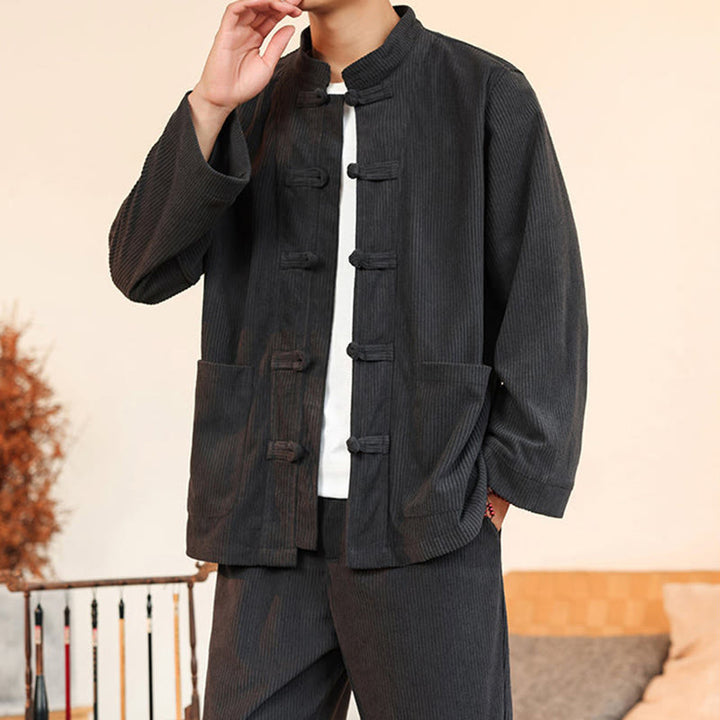 Buddha Stones 2pcs Plain Men's Frog-button Long Sleeve Shirt Pants Cotton Corduroy Set With Pockets - image 15