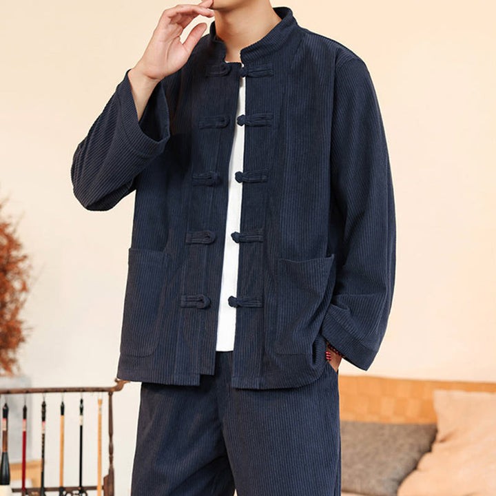 Buddha Stones 2pcs Plain Men's Frog-button Long Sleeve Shirt Pants Cotton Corduroy Set With Pockets - image 35