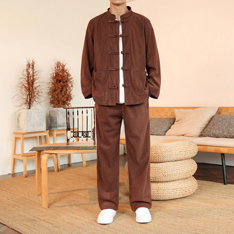 Buddha Stones 2pcs Plain Men's Frog-button Long Sleeve Shirt Pants Cotton Corduroy Set With Pockets - Chocolate - US/UK/AU46，EU56 (5XL) - image 0