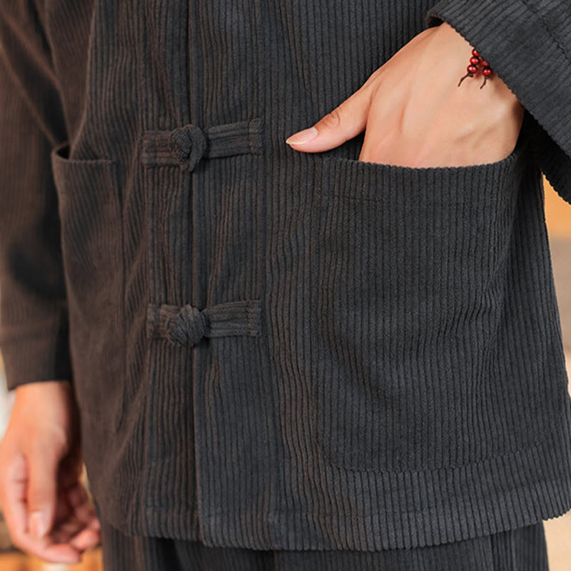 Buddha Stones 2pcs Plain Men's Frog-button Long Sleeve Shirt Pants Cotton Corduroy Set With Pockets - image 18