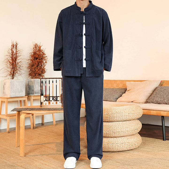 Buddha Stones 2pcs Plain Men's Frog-button Long Sleeve Shirt Pants Cotton Corduroy Set With Pockets - image 30