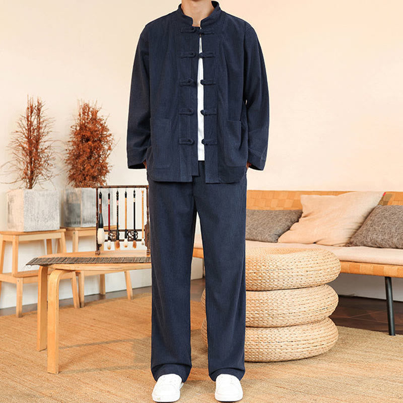 Buddha Stones 2pcs Plain Men's Frog-button Long Sleeve Shirt Pants Cotton Corduroy Set With Pockets - image 30