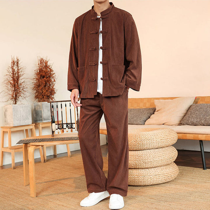 Buddha Stones 2pcs Plain Men's Frog-button Long Sleeve Shirt Pants Cotton Corduroy Set With Pockets - image 1