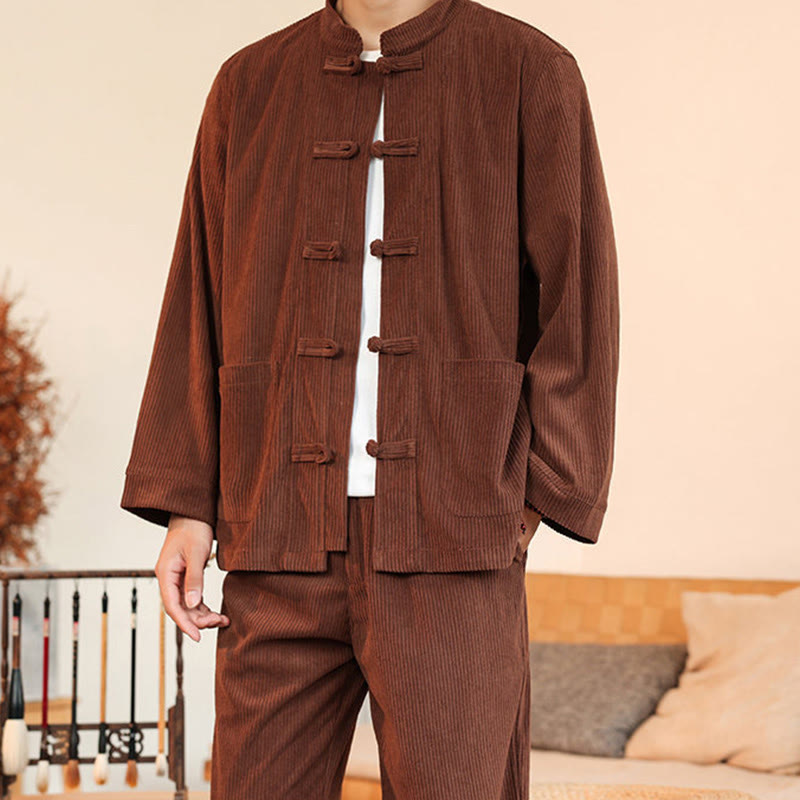 Buddha Stones 2pcs Plain Men's Frog-button Long Sleeve Shirt Pants Cotton Corduroy Set With Pockets - image 7