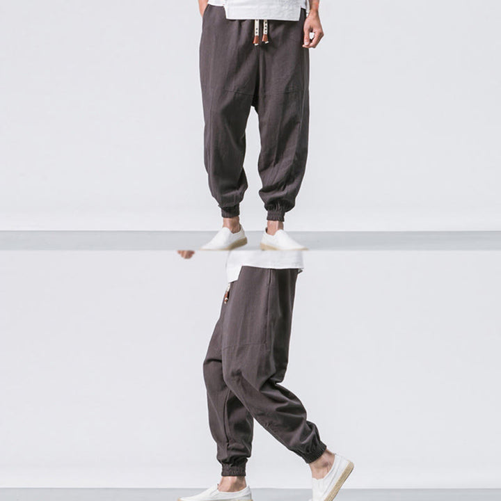 Buddha Stones Men's Plain Simple Drawstring Design Cotton Harem Pants With Pockets - image 2