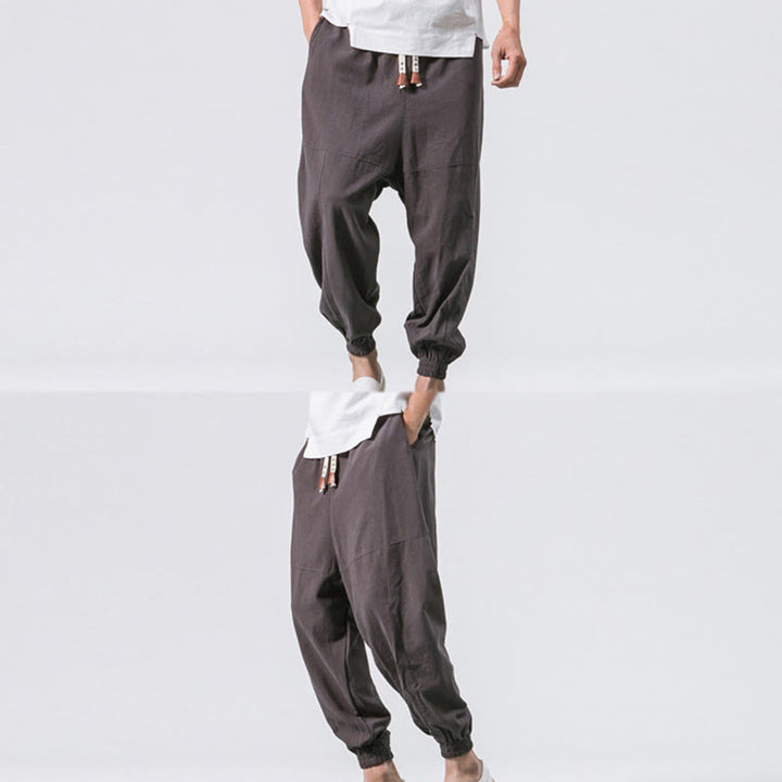Buddha Stones Men's Plain Simple Drawstring Design Cotton Harem Pants With Pockets - image 5