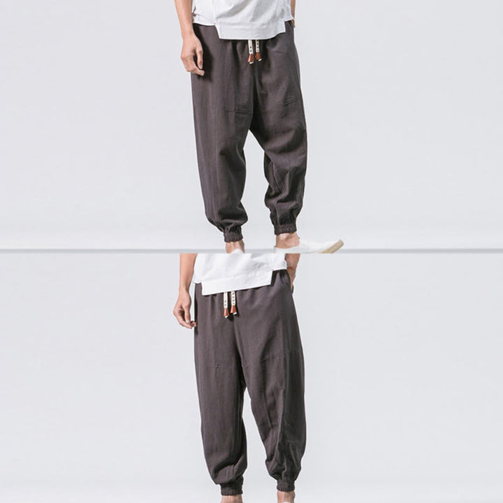 Buddha Stones Men's Plain Simple Drawstring Design Cotton Harem Pants With Pockets - image 4