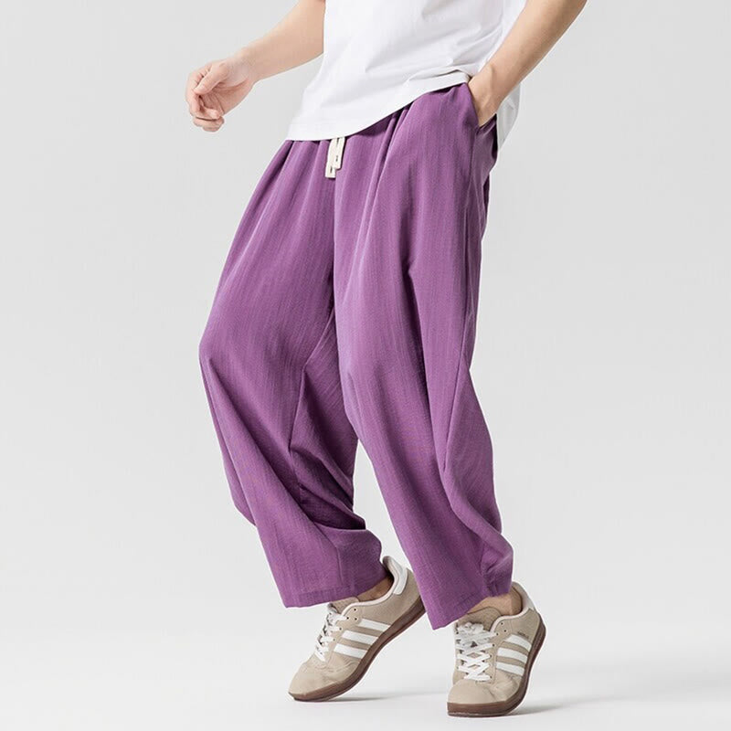 Buddha Stones Summer Pure Color Drawstring Men's Cotton Ankle-Length Pants With Pockets - image 32