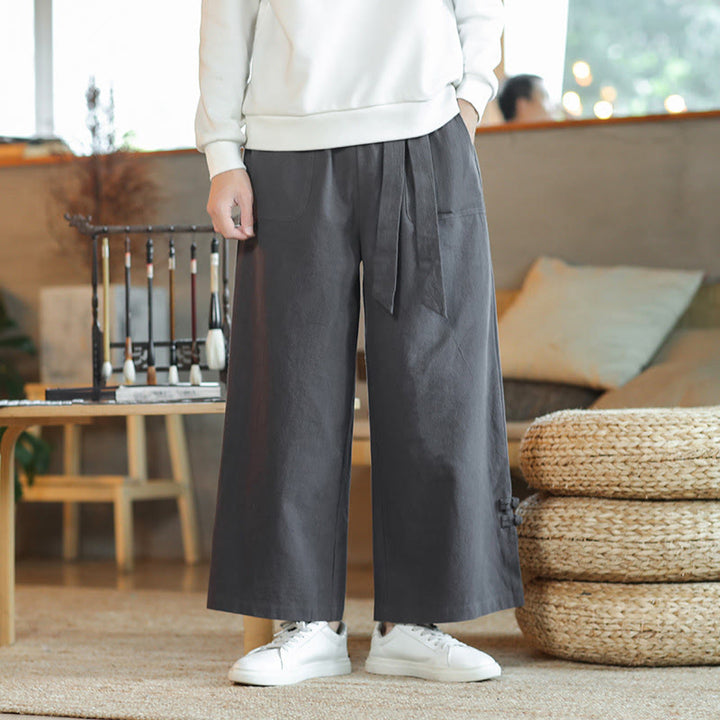 Buddha Stones Fall Drawstring Chinese Frog-Button Men's Wide Leg Cotton Pants With Pockets - image 1