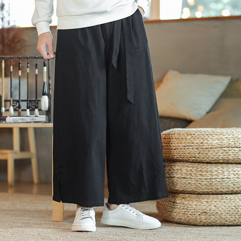 Buddha Stones Fall Drawstring Chinese Frog-Button Men's Wide Leg Cotton Pants With Pockets - image 18