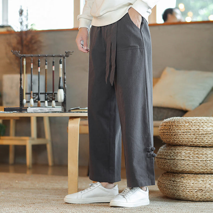 Buddha Stones Fall Drawstring Chinese Frog-Button Men's Wide Leg Cotton Pants With Pockets - image 5