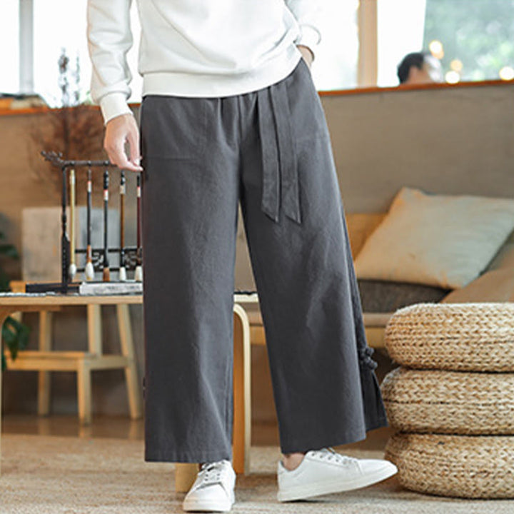 Buddha Stones Fall Drawstring Chinese Frog-Button Men's Wide Leg Cotton Pants With Pockets - image 2