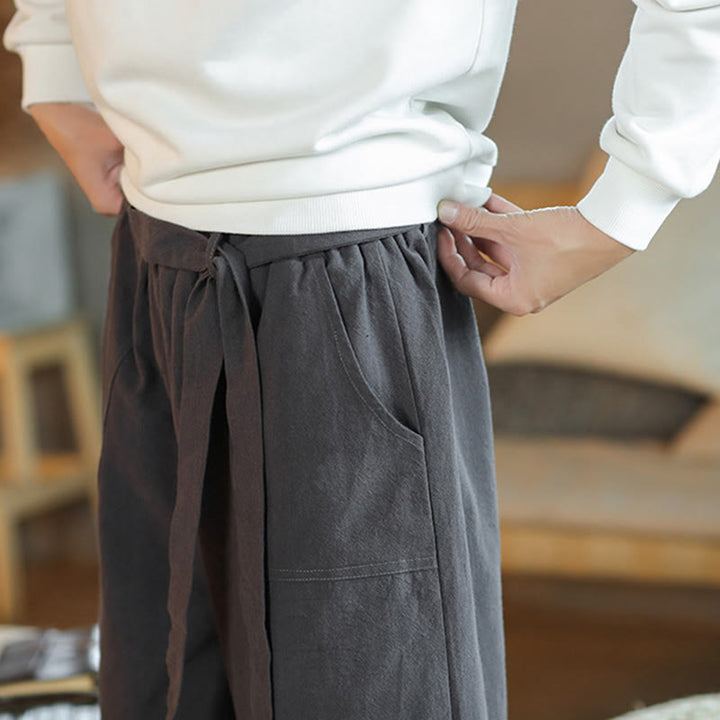 Buddha Stones Fall Drawstring Chinese Frog-Button Men's Wide Leg Cotton Pants With Pockets - image 11