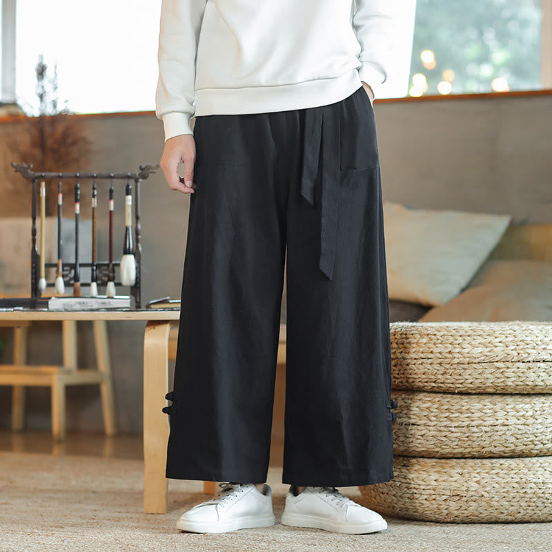 Buddha Stones Fall Drawstring Chinese Frog-Button Men's Wide Leg Cotton Pants With Pockets - Black - US/UK/AU46，EU56 (5XL) - image 13