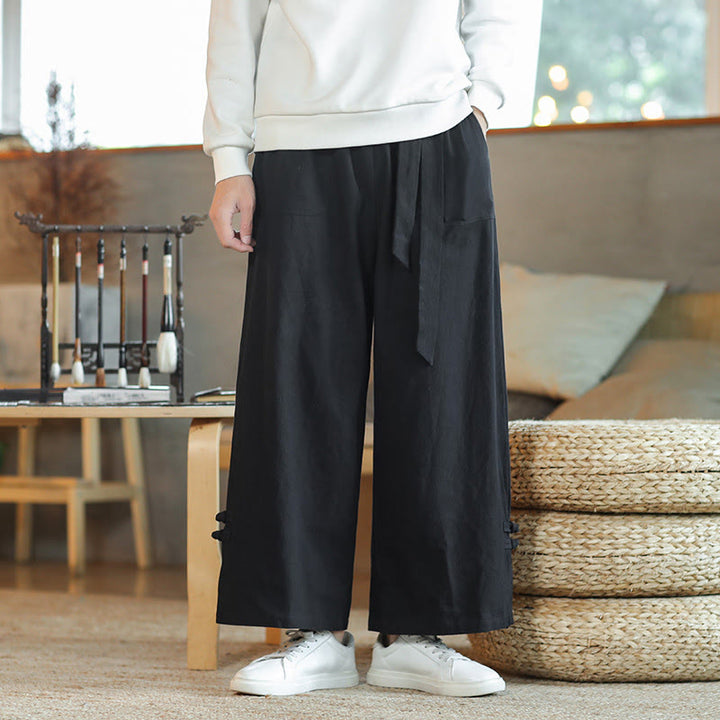 Buddha Stones Fall Drawstring Chinese Frog-Button Men's Wide Leg Cotton Pants With Pockets - Black - US/UK/AU46，EU56 (5XL) - image 13