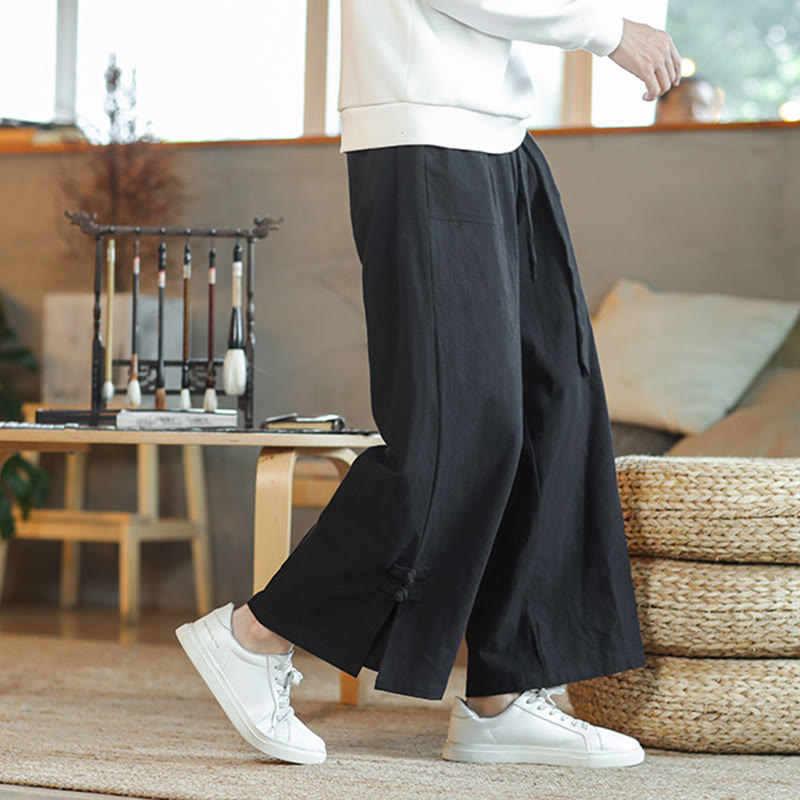 Buddha Stones Fall Drawstring Chinese Frog-Button Men's Wide Leg Cotton Pants With Pockets - image 17