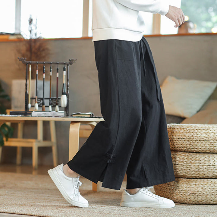 Buddha Stones Fall Drawstring Chinese Frog-Button Men's Wide Leg Cotton Pants With Pockets - image 17