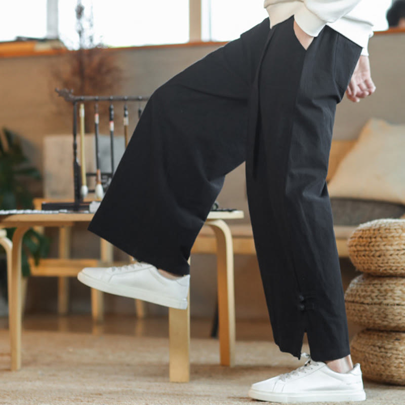 Buddha Stones Fall Drawstring Chinese Frog-Button Men's Wide Leg Cotton Pants With Pockets - image 19