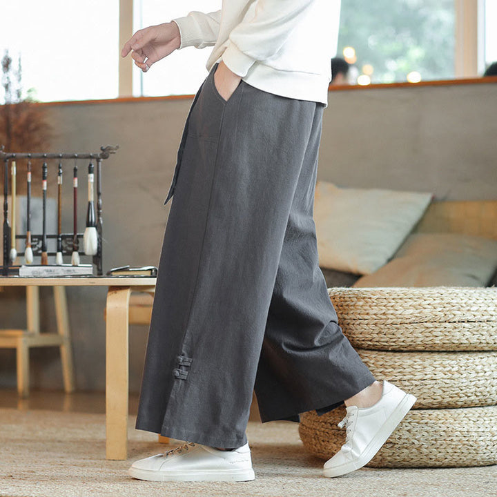 Buddha Stones Fall Drawstring Chinese Frog-Button Men's Wide Leg Cotton Pants With Pockets - image 3