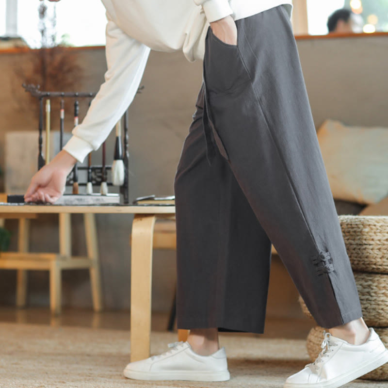 Buddha Stones Fall Drawstring Chinese Frog-Button Men's Wide Leg Cotton Pants With Pockets - image 8