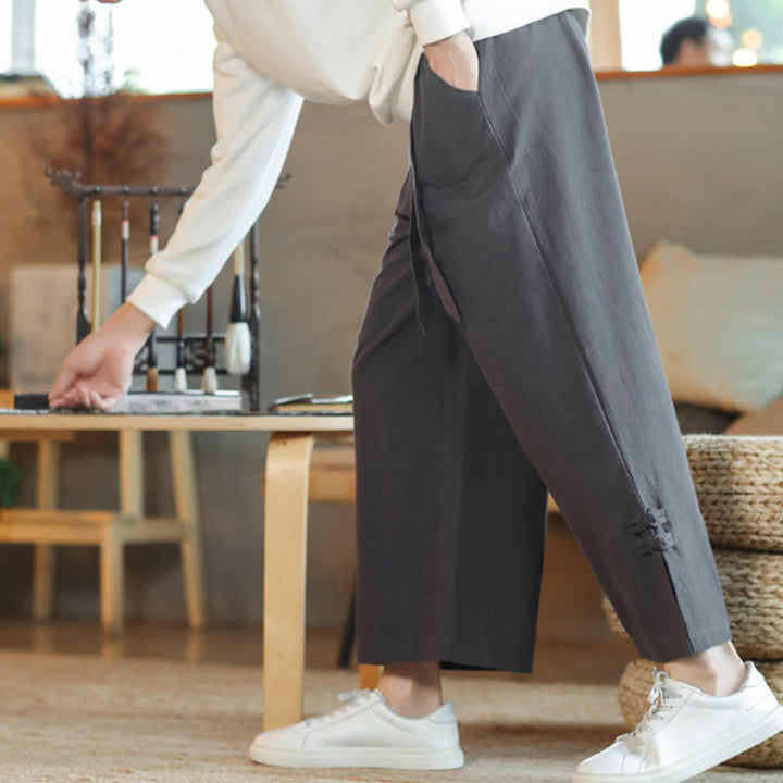 Buddha Stones Fall Drawstring Chinese Frog-Button Men's Wide Leg Cotton Pants With Pockets - image 8