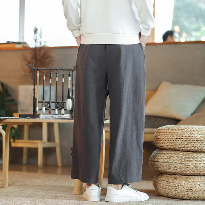 Buddha Stones Fall Drawstring Chinese Frog-Button Men's Wide Leg Cotton Pants With Pockets - image 6