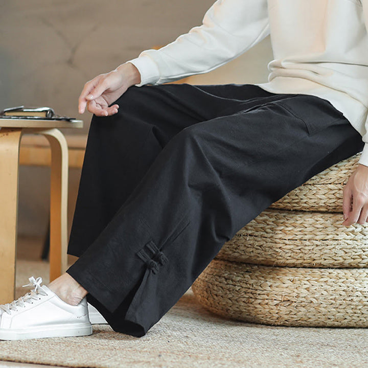 Buddha Stones Fall Drawstring Chinese Frog-Button Men's Wide Leg Cotton Pants With Pockets - image 21