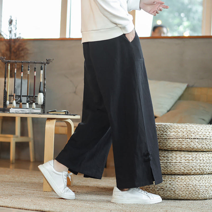 Buddha Stones Fall Drawstring Chinese Frog-Button Men's Wide Leg Cotton Pants With Pockets - image 16