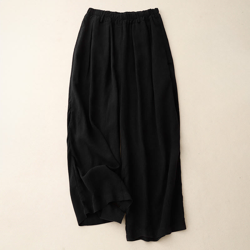 Buddha Stones Solid Color Cotton Women's Wide Leg Pants With Pockets - Black - US8-10，UK/AU12-14，EU40-42 (2XL) - image 0