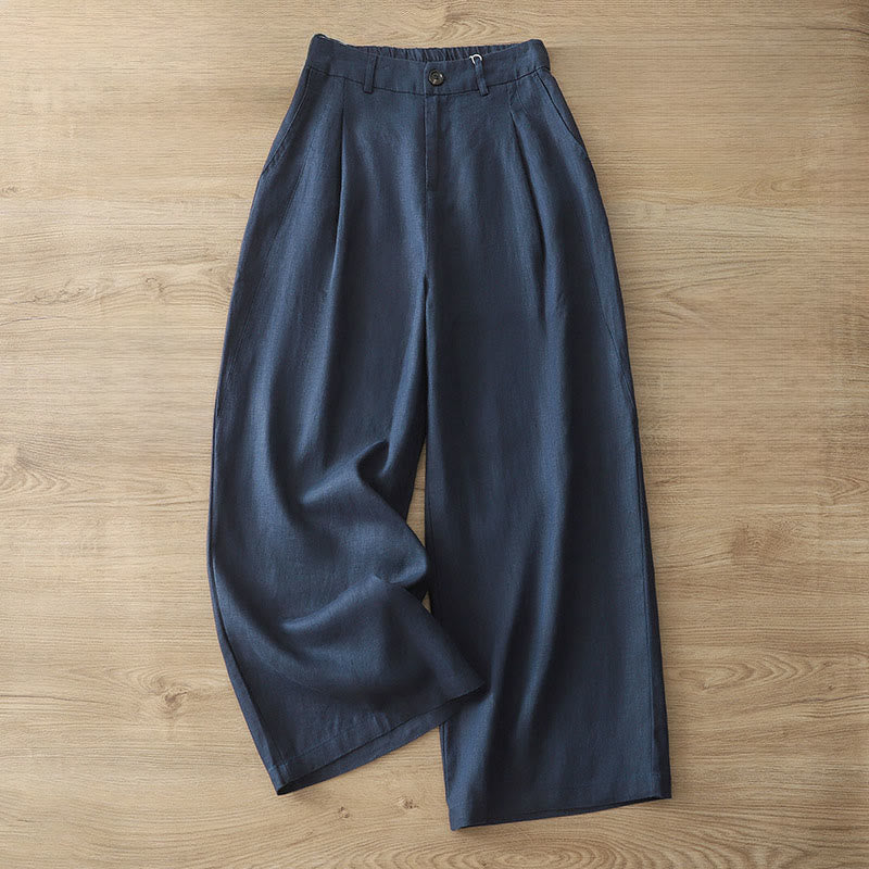 Buddha Stones Solid Color Cotton Women's Button Wide Leg Pants With Pockets - DarkBlue - US8-10，UK/AU12-14，EU40-42 (2XL) - image 0